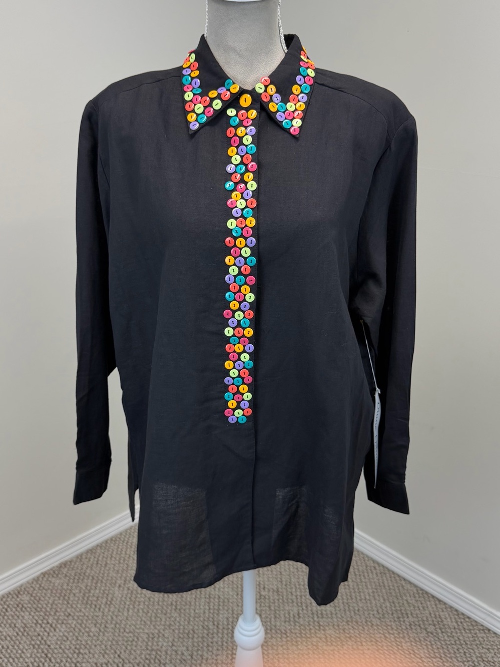 VTG Diane Gilman Black Linen Blend Blouse Top Sz XL Multicolor Button Accent NWT - Picture 2 of 15